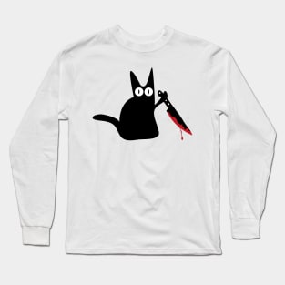 black spooky cat with bloody knife Long Sleeve T-Shirt